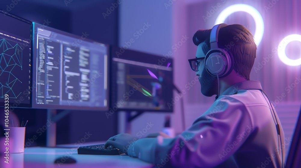 A 3D render of a transcriptionist using headphones and typing A 3D render of a transcriptionist using headphones and typing
