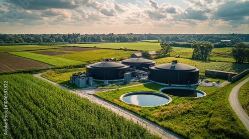 Modern biogas plant in rural area with rapeseed fields