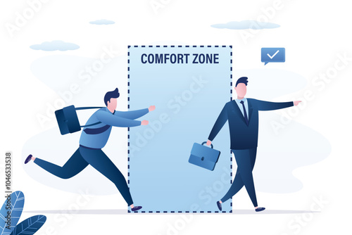 Businessmen with different temperaments and responsibilities. Brave man leaves his comfort zone and strives for new goals and tasks. A cowardly man runs into his comfort zone.