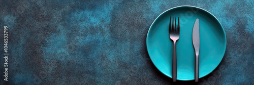 Conceptual image highlighting eating disorders and mental health awareness with empty plate and cutlery. Horizontal banner. Copy space. Struggle with eating disorders. Anorexia, bulimia problem
