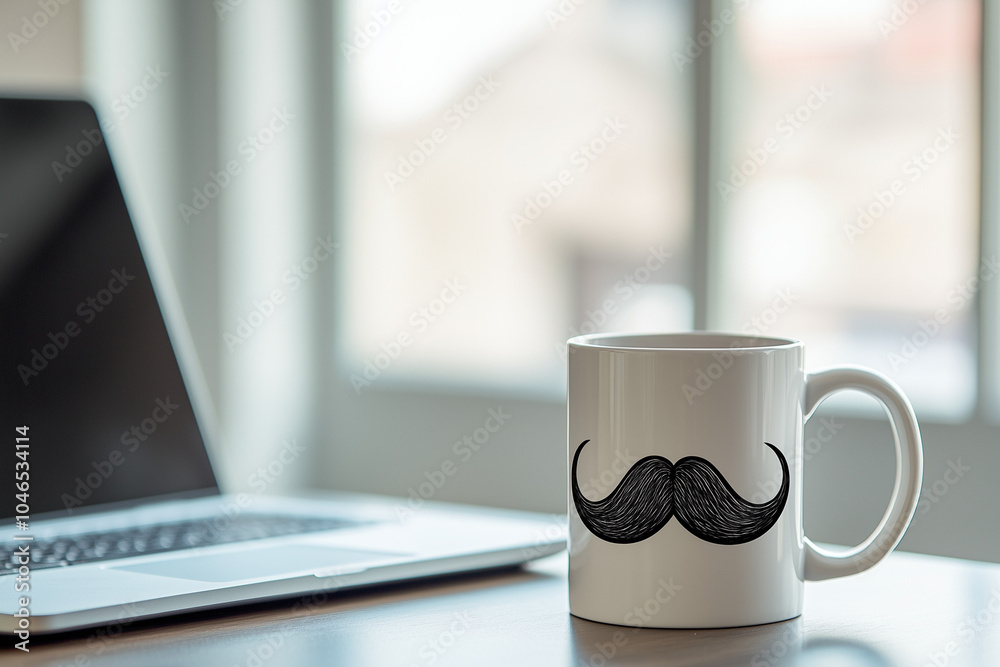 A clean workspace with a mustache-themed coffee mug beside a laptop, minimalist office setup A clean workspace with a mustache-themed coffee mug beside a laptop, minimalist office setup