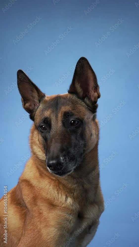 Portrait of a Belgian Malinois sitting against a blue background. The dog looks attentive and alert, capturing its strong and focused nature. Portrait of a Belgian Malinois sitting against a blue background. The dog looks attentive and alert, capturing its strong and focused nature.