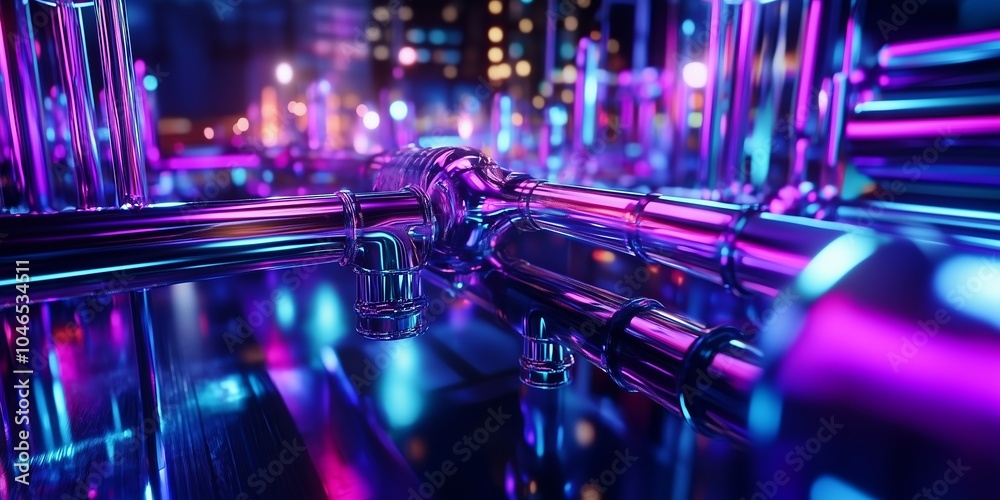 Metallic pipes glow with vibrant pink and blue neon light. Metallic pipes glow with vibrant pink and blue neon light.