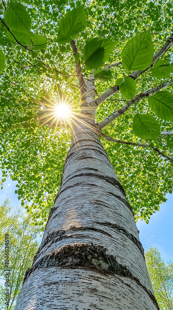 Fototapeta premium Sunlight through the canopy of a birch tree.