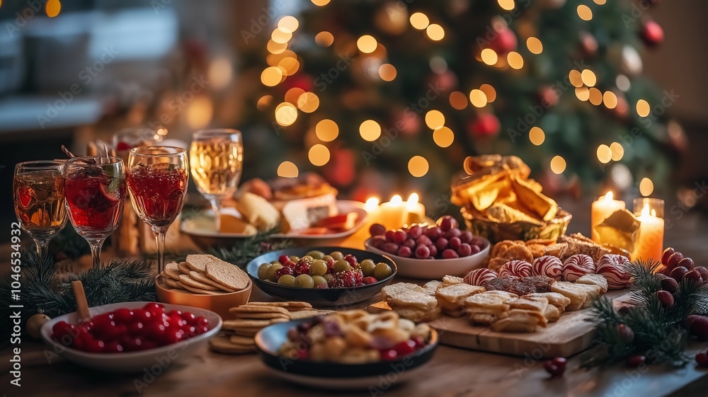 Christmas table setting with appetizers and drinks. Christmas table setting with appetizers and drinks.