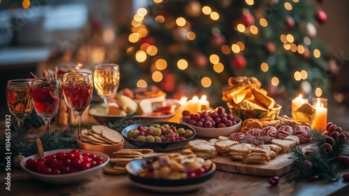 Christmas table setting with appetizers and drinks.