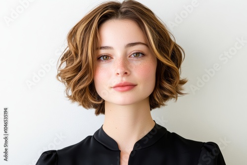 Woman with a short haircut and a black dress. She is wearing a red lipstick. Concept of confidence and elegance. woman for beauty salon, short bob and beautiful color