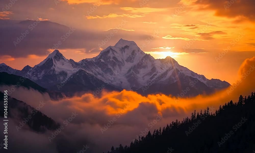 A breathtaking sunset over snow-capped mountains, surrounded by clouds and a colorful sky.