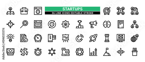 36 Startups Line Icons Set Pack Editable Stroke Vector Illustration.