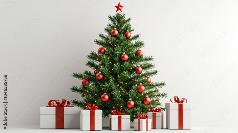 Christmas tree decorated with red ornaments and surrounded by presents.. Christmas tree decorated with red ornaments and surrounded by presents..