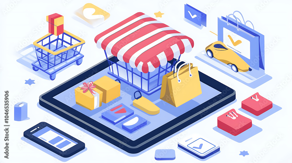 Online shopping concept with tablet displaying virtual store, featuring shopping carts, gift boxes, and various products. colorful design evokes sense of excitement and convenience in e commerce Online shopping concept with tablet displaying virtual store, featuring shopping carts, gift boxes, and various products. colorful design evokes sense of excitement and convenience in e commerce