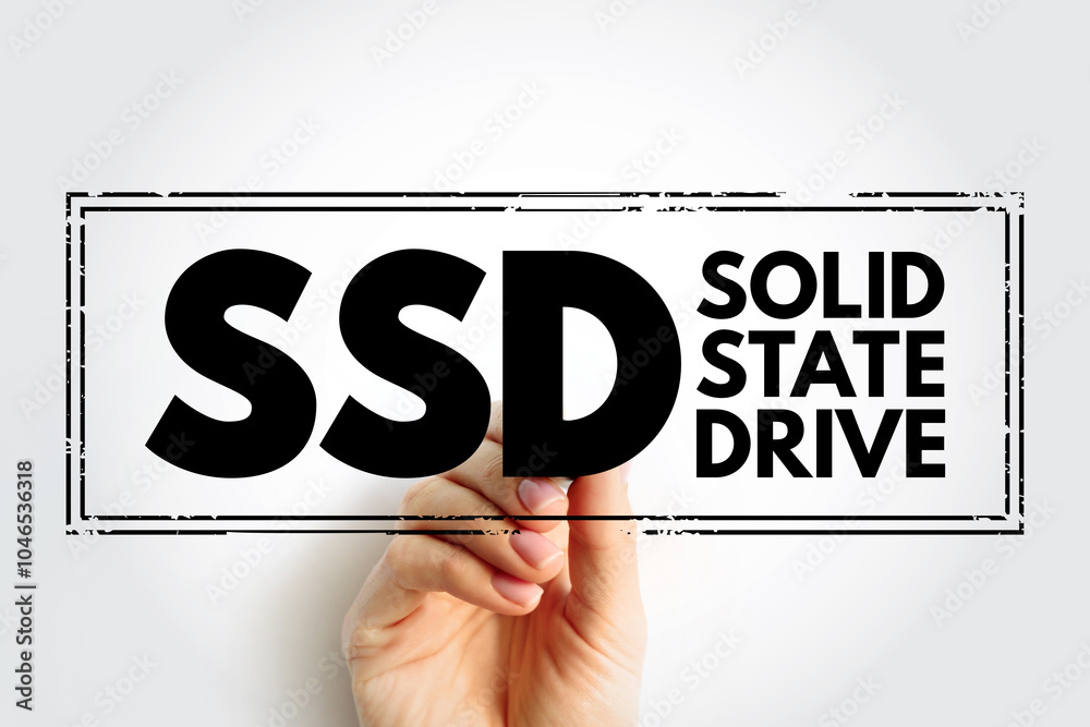 SSD Solid State Drive - solid-state storage device that uses integrated circuit assemblies to store data persistently, typically using flash memory, acronym text stamp SSD Solid State Drive - solid-state storage device that uses integrated circuit assemblies to store data persistently, typically using flash memory, acronym text stamp