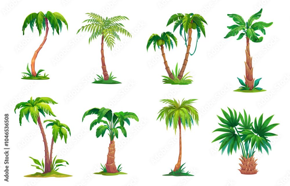 Obraz premium Cartoon jungle palm trees from tropical forest of exotic plants, vector icons. Coconut or banana palm trees with green leaves for Hawaii vacation or Caribbean island and cartoon paradise game