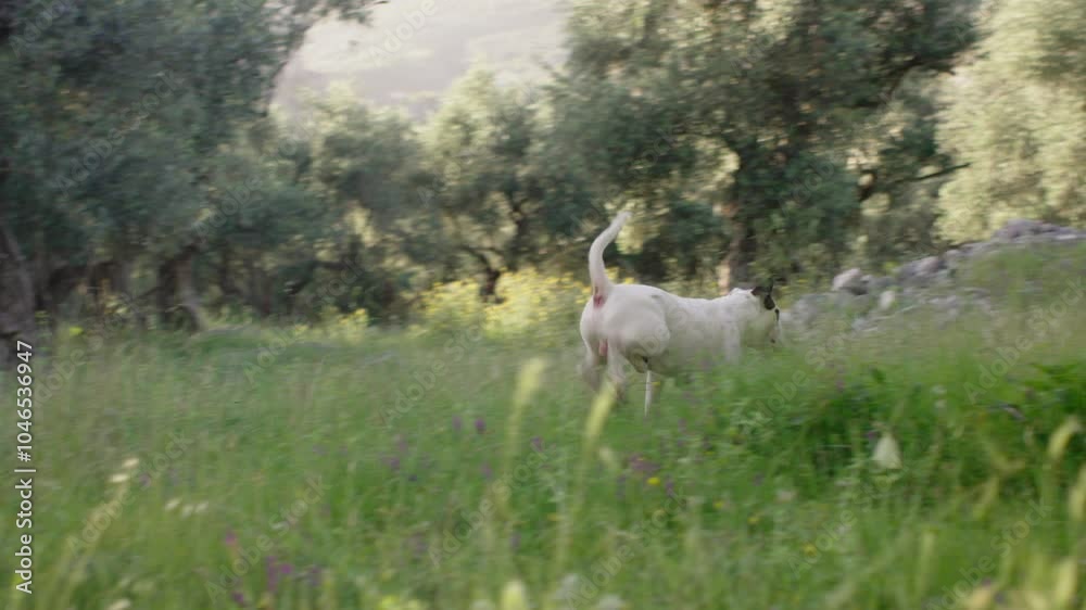 A white bull terrier moves through a park surrounded by tall trees and soft green grass. The dog appears energetic and full of life, enjoying its time in nature. A white bull terrier moves through a park surrounded by tall trees and soft green grass. The dog appears energetic and full of life, enjoying its time in nature.
