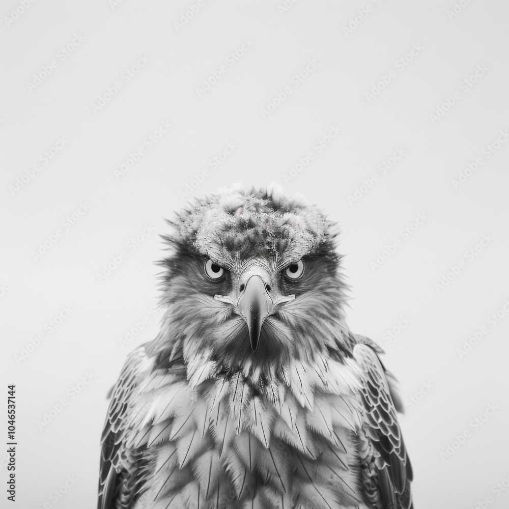 Obraz premium Majestic Close-Up of a Fierce Eagle Staring Intently Against a Minimalist White Background, Showcasing Its Sharp Features and Powerful Presence.