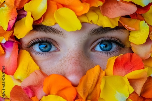 Woman is wearing a flower crown made of colorful flowers. She has a bright and cheerful expression on her face. A young woman's face completly made of flower petals photo