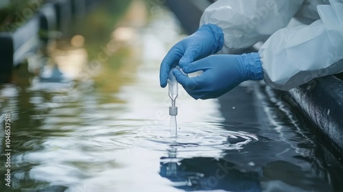 An environmental engineer in protective gear meticulously collects a water sample from a sewage treatment plant for quality testing and analysis. Ensuring Water Safety: Testing and Quality Control