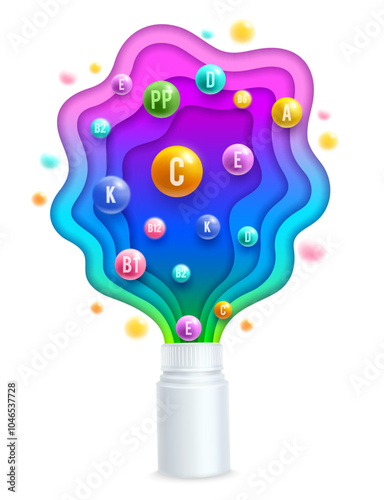 Paper cut vitamins complex bottle of multivitamins package, vector poster. Multivitamin bubbles splash from bottle in paper cut explosion for food dietary supplements and vitamins healthy nutrition