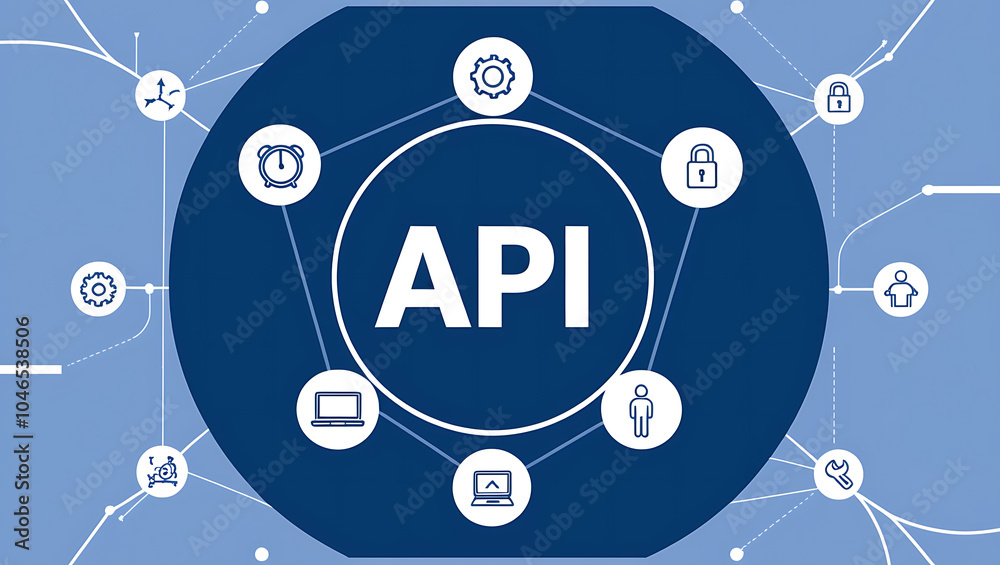 network diagram of  'API', API icons, Digital network, Blue background