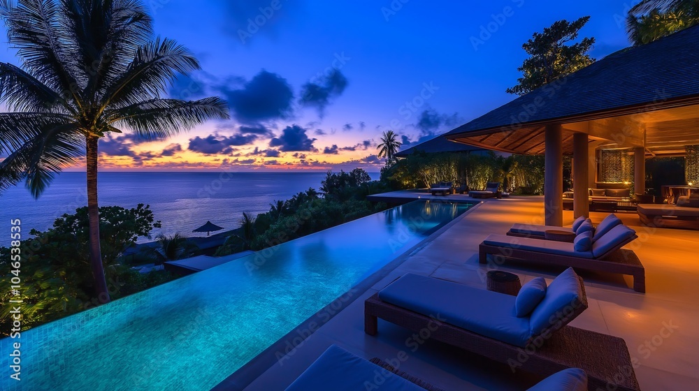 Fototapeta premium Tropical villa with infinity pool overlooking sunset sea.