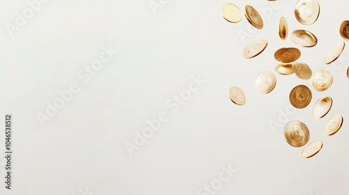 Golden coins flipping through the air on a white background with space for text