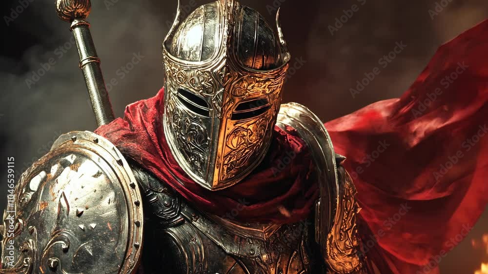 A knight in full armor stands with a spear, his red cloak billowing behind him A knight in full armor stands with a spear, his red cloak billowing behind him