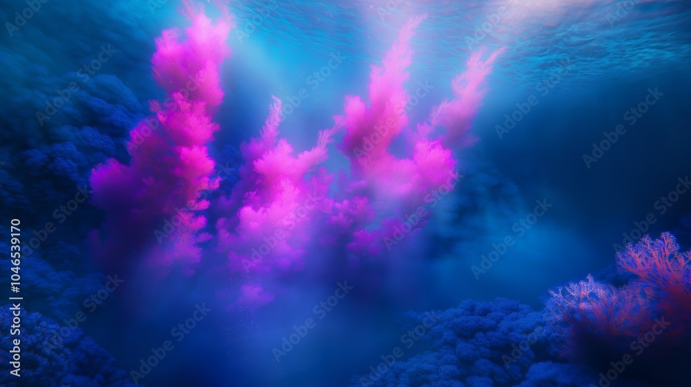 Underwater scene with pink coral and blue water with a beam of light shining through the water. Underwater scene with pink coral and blue water with a beam of light shining through the water.