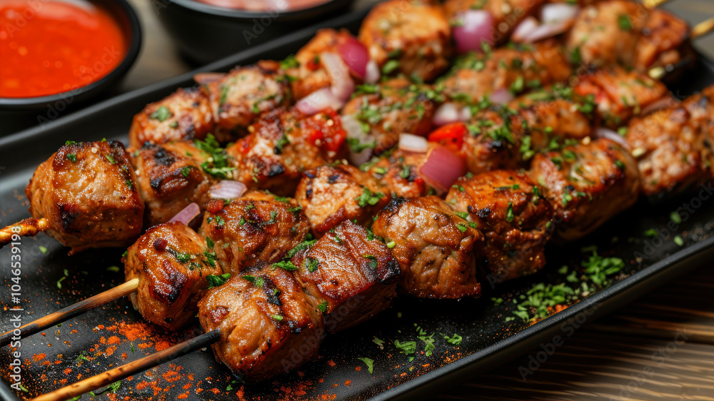 Delicious shashlik kebabs grilled to perfection on a black rectangular plate Delicious shashlik kebabs grilled to perfection on a black rectangular plate