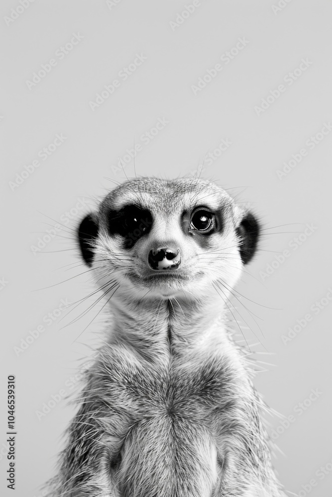 Playful Meerkat Portrait in Black and White: Cute and Curious Animal Expressing Personality Against a Minimalist Background Playful Meerkat Portrait in Black and White: Cute and Curious Animal Expressing Personality Against a Minimalist Background