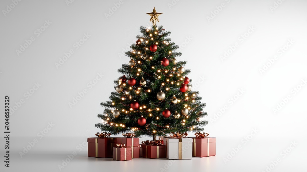 A sleek and simple Christmas tree featuring red and gold ornaments, set against a neutral background with a few select gifts perfectly arranged underneath. A sleek and simple Christmas tree featuring red and gold ornaments, set against a neutral background with a few select gifts perfectly arranged underneath.