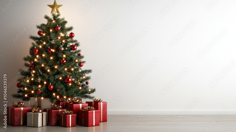 A warm and inviting Christmas scene with a beautifully decorated tree and an array of stylishly wrapped presents creating a cozy holiday atmosphere. A warm and inviting Christmas scene with a beautifully decorated tree and an array of stylishly wrapped presents creating a cozy holiday atmosphere.
