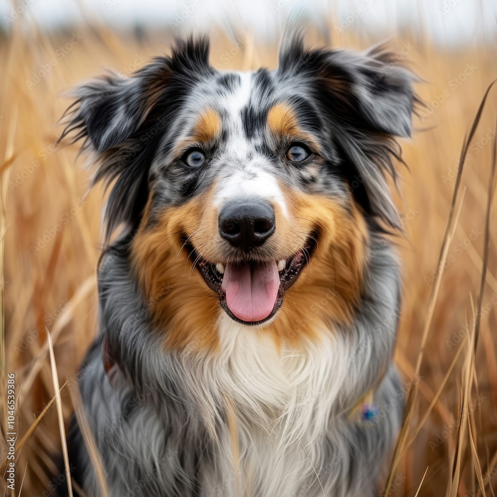 Happy Australian Shepherd dog with striking blue eyes sitting in a field of tall grass, showcasing its beautiful coat and joyful expression Happy Australian Shepherd dog with striking blue eyes sitting in a field of tall grass, showcasing its beautiful coat and joyful expression