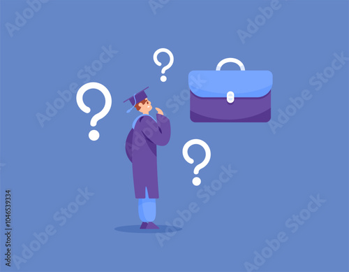 graduate and work concept. fresh graduates are confused about finding a job. difficulty in finding a job vacancy. illustration of a graduate wondering how to get a job. flat style design. elements