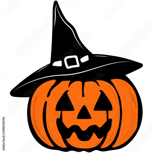 This is a jack-o-lantern with triangular eyes and a jagged mouth. It wears a black witch hat with a white belt buckle, perfect for Halloween!
