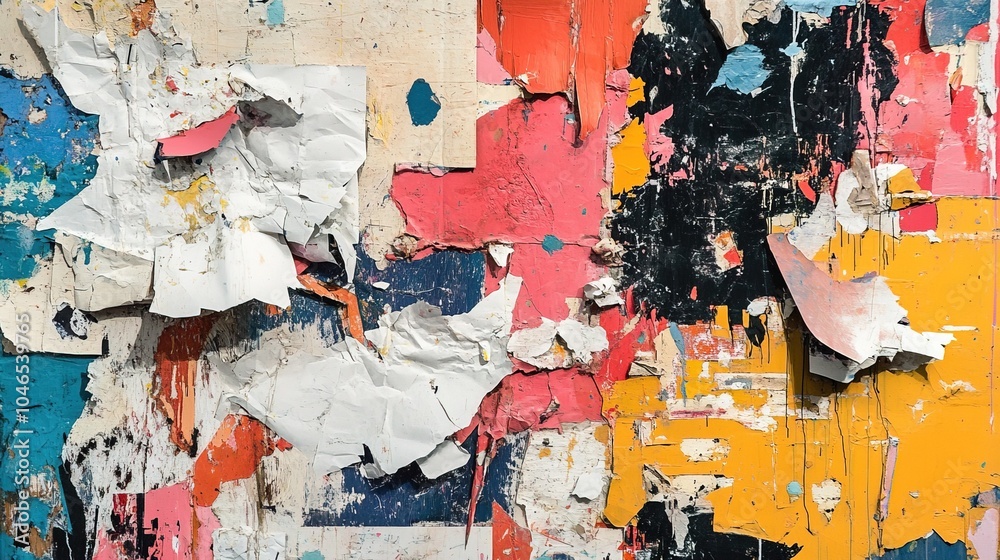 Fototapeta premium Torn paper, paint splatters, and abstract 