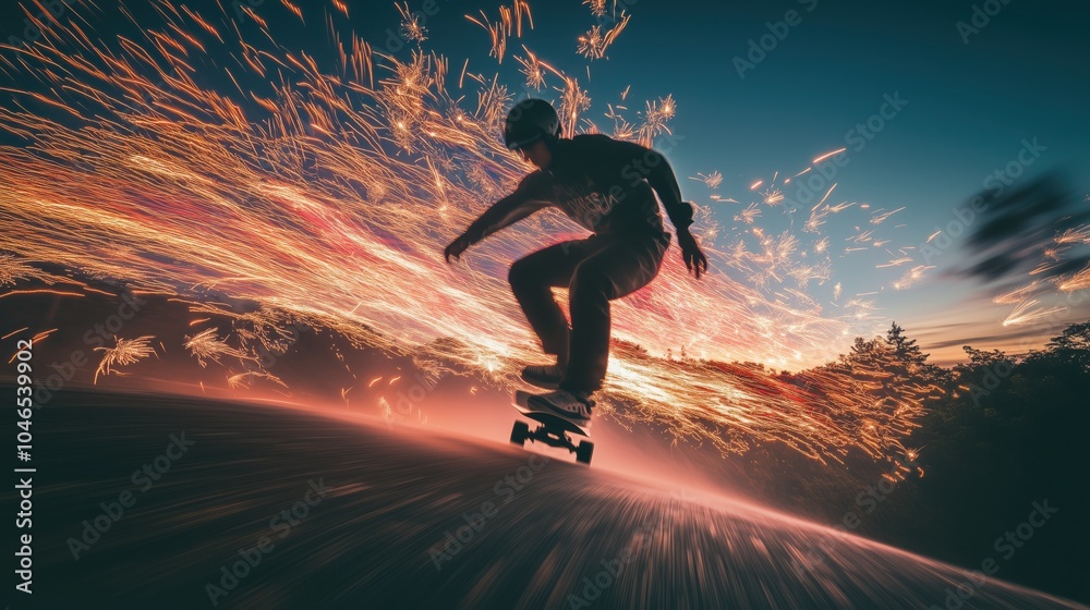 Skateboarder unter funkelndem Feuerwerk bei Nacht Skateboarder unter funkelndem Feuerwerk bei Nacht