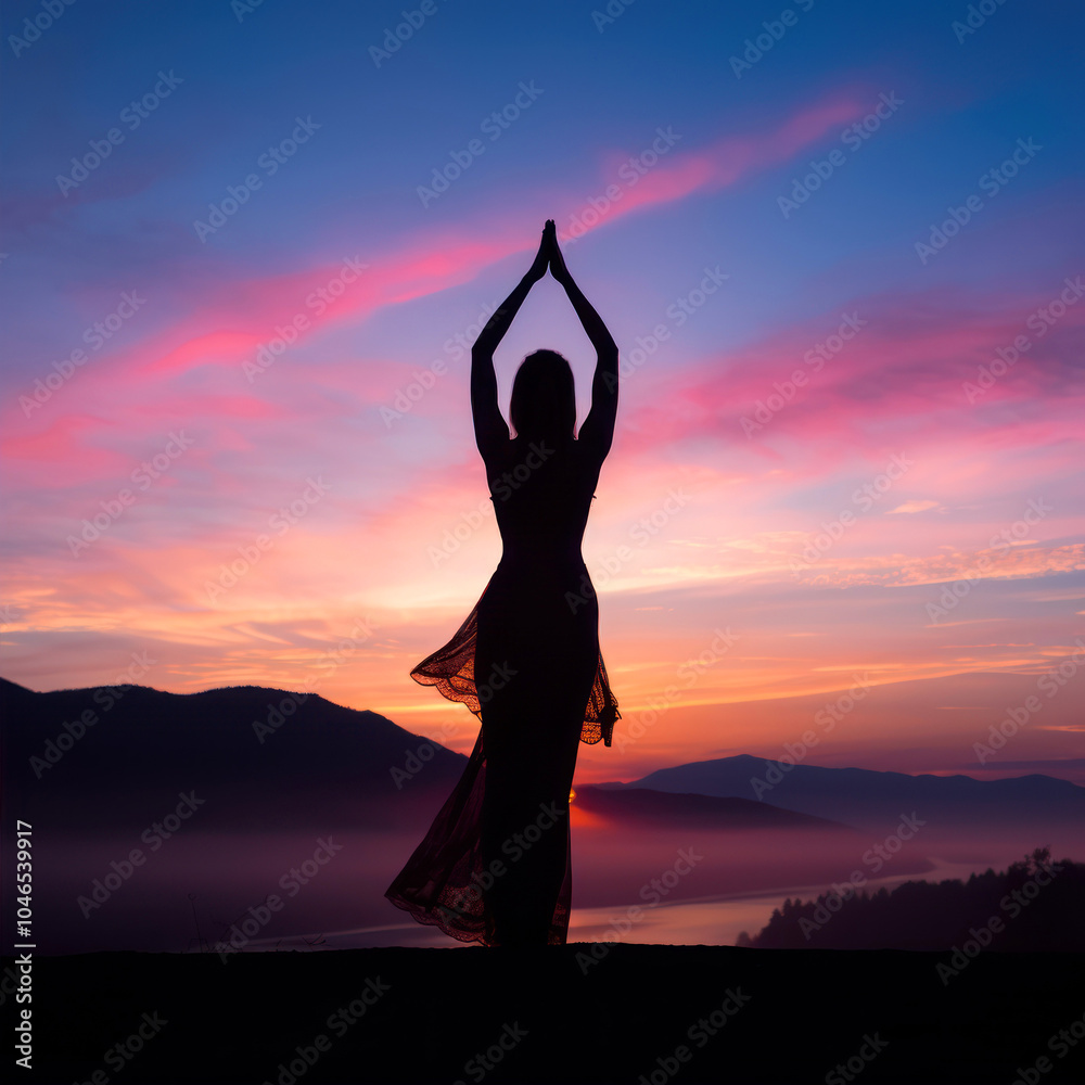 Silhouette of a woman practicing yoga at sunrise by the mountains and river Silhouette of a woman practicing yoga at sunrise by the mountains and river