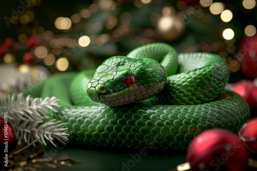 A striking green snake curled among Christmas baubles, juxtaposing nature with holiday cheer in a creative and unexpected festive composition. photo