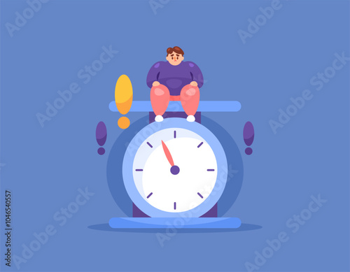 overweight concept. suffering from obesity. weight gain. health and body problems. illustration of a man who feels uncomfortable and unhappy because of being fat. person with a weighing scale. flat