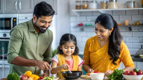 A vibrant image of an Indian family enjoying cooking together in a colorful kitchen.	
 photo