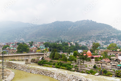 Beas river near kullu town aerial panoramic landscape, Kullu valley in himachal pradesh state in India