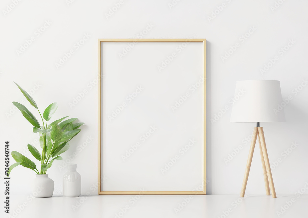 Minimalist golden frame mockup on white wall with indoor plants Minimalist golden frame mockup on white wall with indoor plants