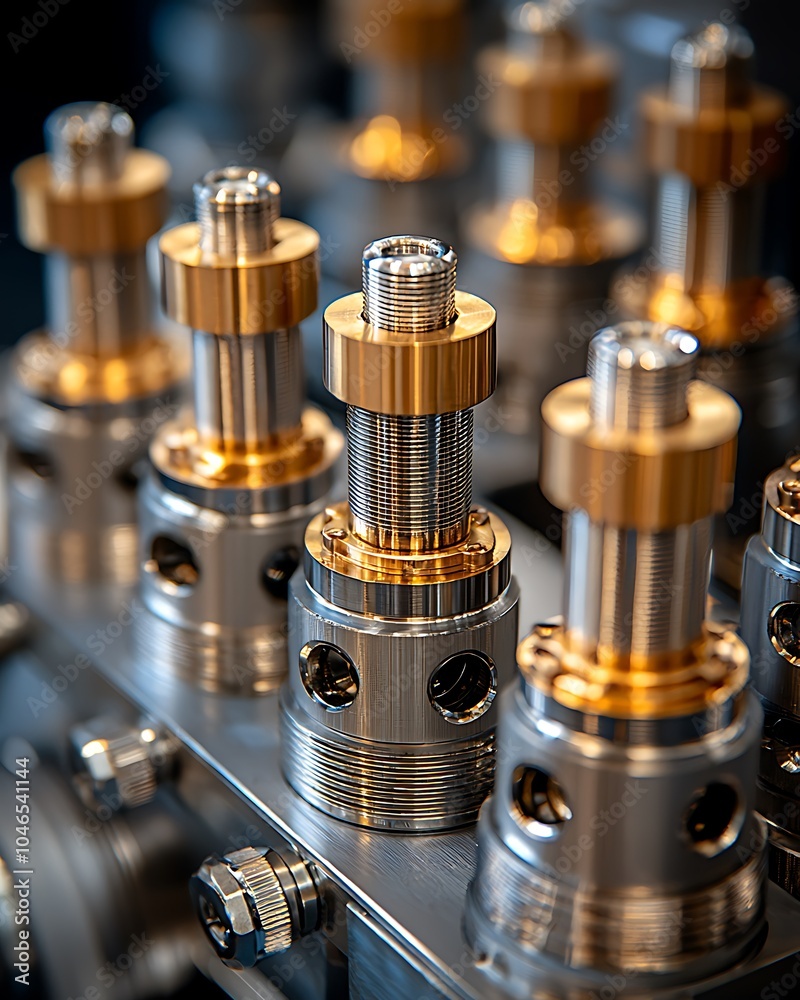Close Up of Shiny Metal Parts, Precision Engineered Components, Industrial Machine Parts, Machine with Golden and Silver Components, Detailed View of Metal Parts Close Up of Shiny Metal Parts, Precision Engineered Components, Industrial Machine Parts, Machine with Golden and Silver Components, Detailed View of Metal Parts