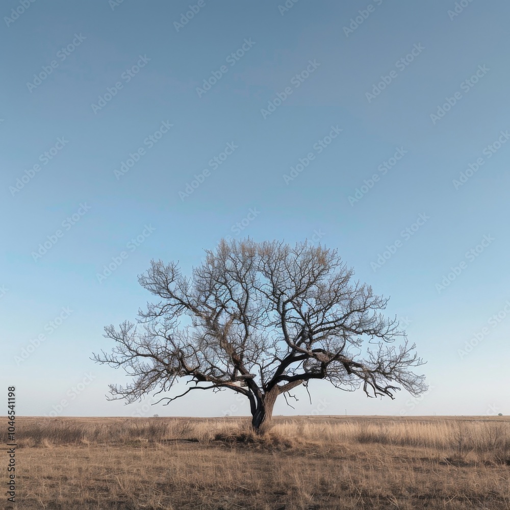Solitary Leafless Tree Against a Clear Blue Sky in an Expansive Field: Symbol of Resilience and Isolation in Nature’s Serenity Solitary Leafless Tree Against a Clear Blue Sky in an Expansive Field: Symbol of Resilience and Isolation in Nature’s Serenity