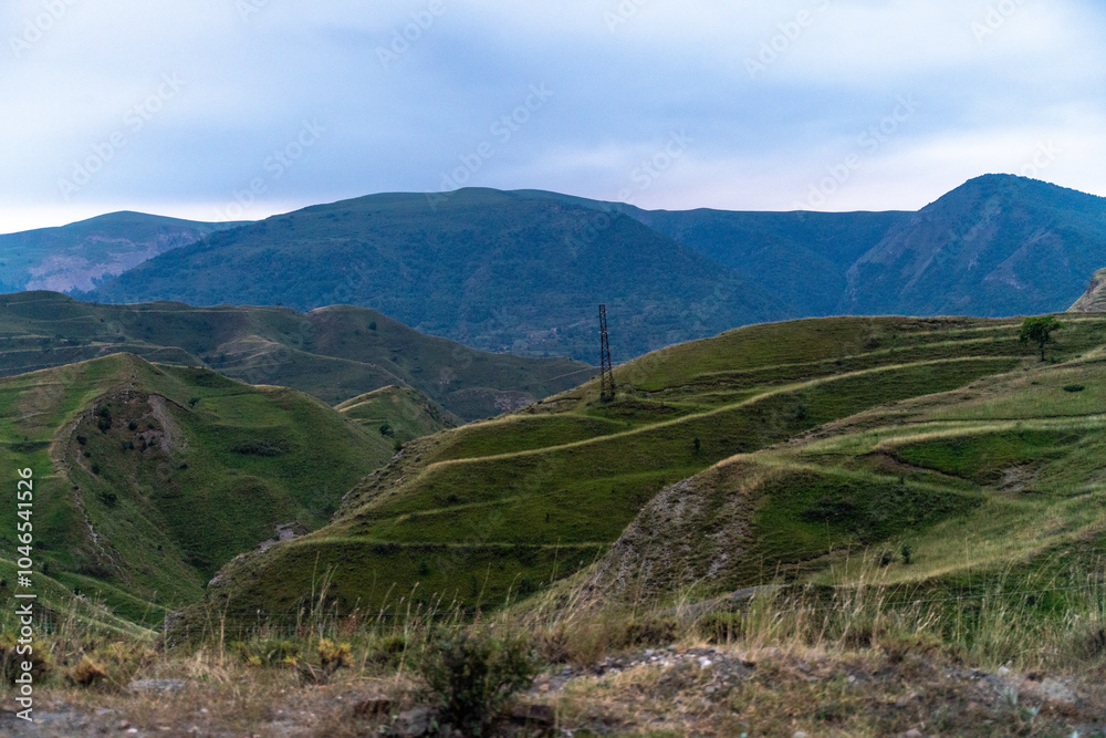 Obraz premium Caucasian mountain. Dagestan. Trees, rocks, mountains, view of the green mountains. Beautiful summer landscape.