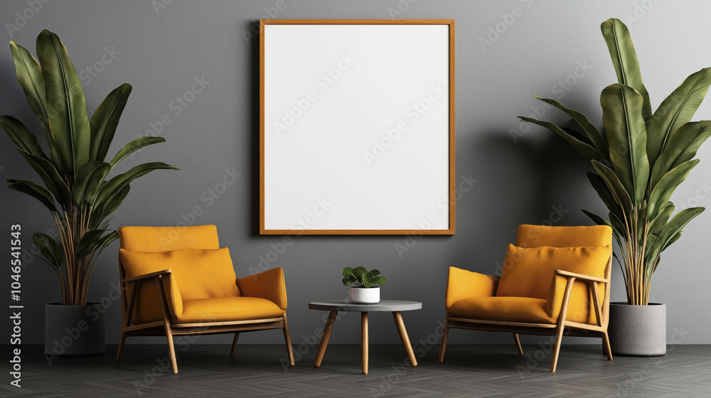 Modern interior design with two yellow armchairs, potted plants, and a blank picture frame on a gray wall. Modern interior design with two yellow armchairs, potted plants, and a blank picture frame on a gray wall.