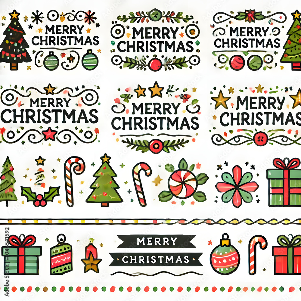 Merry Christmas designs with trees, ornaments, and candy canes
Merry Christmas designs with trees, ornaments, and candy canes