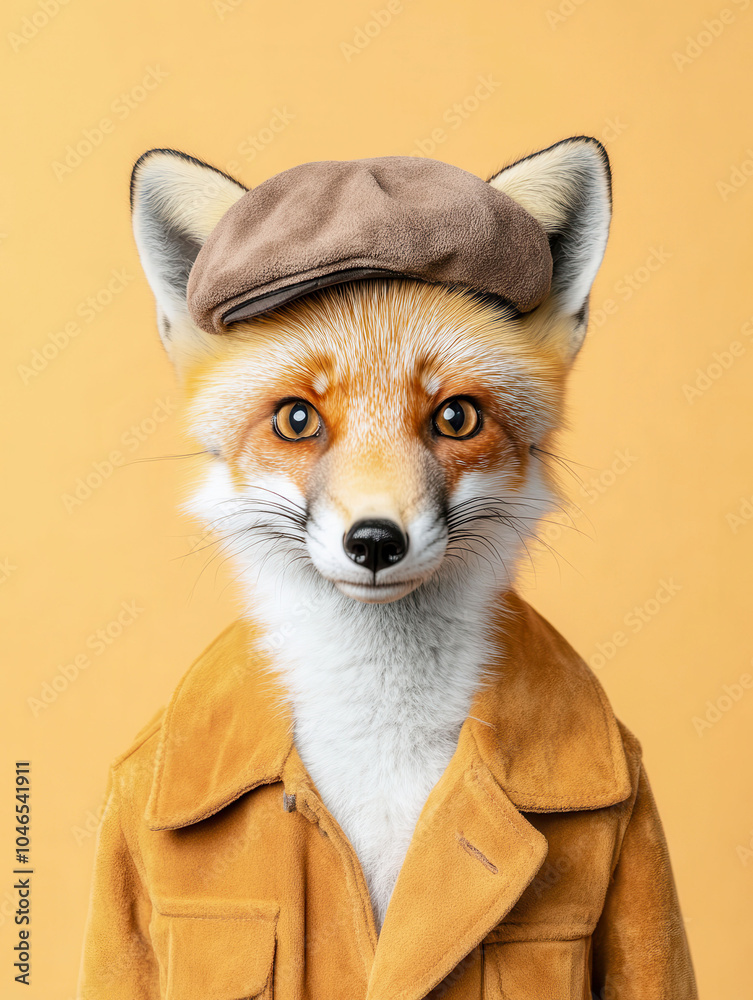 Naklejka premium Charming portrait of a fashionable fox in a stylish hat and coat against a vibrant background, showcasing a playful blend of wildlife and haute couture.