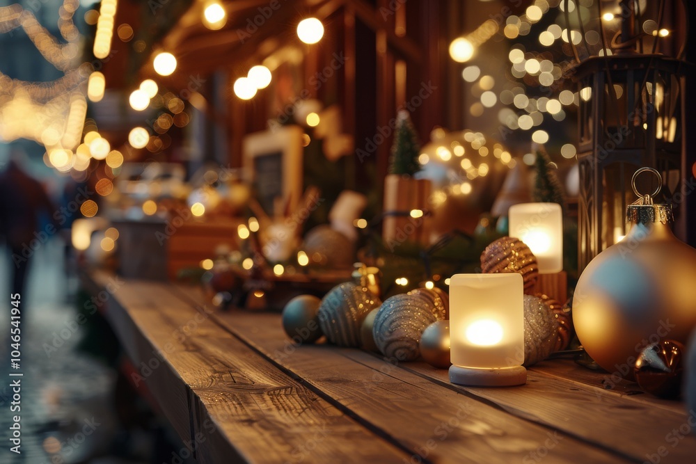 A warm and inviting setup with candles and rustic festive decorations, surrounded by bokeh lights, creating a cozy atmosphere perfect for winter evenings. A warm and inviting setup with candles and rustic festive decorations, surrounded by bokeh lights, creating a cozy atmosphere perfect for winter evenings.