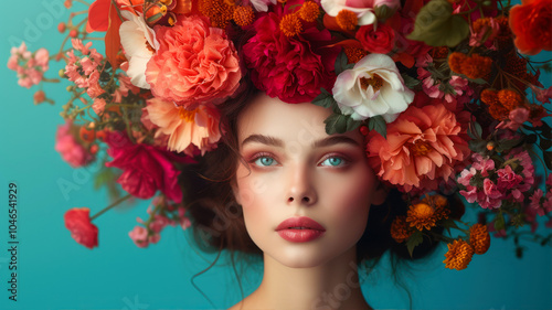 Studio portrait of a woman surrounded by vibrant flowers against a blue backdrop